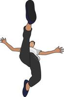Man in mid air leap showcasing flexibility, agility, and athleticism. The low angle, looking up from below, accentuates the dramatic movement of the high kick and creates energy and motion. vector