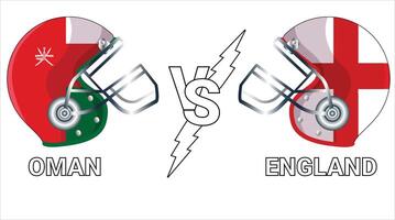 Versus match between Oman and England with 3D flags on cricket helmets vector
