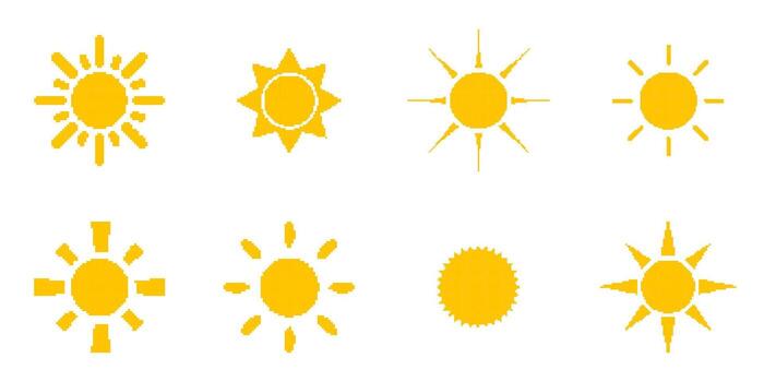 Pixel Art Sun Icon Set. Pixelated Sun Icons in Nostalgic 8 Bit Style. Weather Retro UI Design Element. Isolated Illustration vector