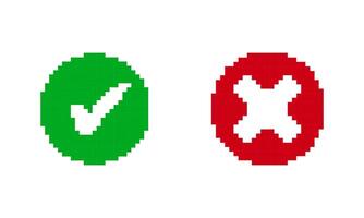 Pixel Art Green Check and Red Cross Icon for Approval and Rejection in UI Design. Correct and Wrong Indicators. Approval and Rejection Symbol. Isolated Illustration vector
