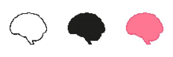 Set of Pixel Brain Icons in Filled and Outline Versions. Cognitive Pixelated Symbol Collection. Isolated Illustration vector