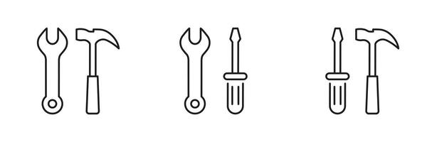 Tools Line Icon Set Including Wrench, Hammer, and Screwdriver for Maintenance and Repair. Toolkit for Maintenance Tasks Outline Symbol Collection. Editable Stroke. Isolated Illustration vector