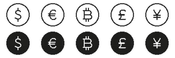 Pixel Art Dollar, Euro, and Bitcoin Icons Set. Retro Style Pixelated Currency Circular Symbols Collection. Isolated Illustration vector