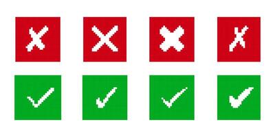 Pixel Green Check Marks and Red X icons Set in Squares. Correct and Wrong Indicators. Success and Failure Sign. Isolated Illustration vector