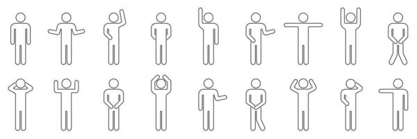 Human Figure Line Icons Set in Various Poses. Man Stick Figure with Different Gestures and Poses Outline Symbol Collection. Editable Stroke. Isolated Illustration vector