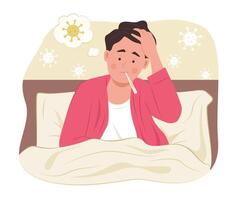 Sick Man Taking Temperature by Thermometer while Lying in Bed for Fever Concept Illustration vector