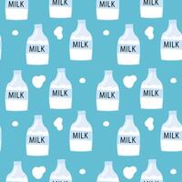 Seamless pattern of milk bottles and splashes on a light blue background in simple flat style. vector