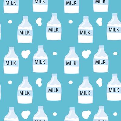 Seamless pattern of milk bottles and splashes on a light blue background in simple flat style.