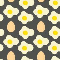 Seamless pattern with fried eggs and whole eggs on dark background, flat simple design style. vector