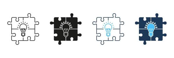Lightbulb in Puzzle, Solution Symbol Collection. Success Innovation, Inspiration, Idea Line and Silhouette Icon Set. Invention Strategy. Editable Stroke. Isolated Illustration vector