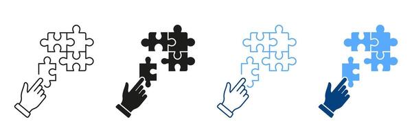 Jigsaw and Human Hand Line and Silhouette Icon Set. Puzzle Strategy Solution, Team Game Sign. Connect Parts of Puzzle Outline. Editable Stroke. Isolated Illustration vector