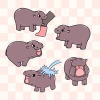 cute grumpy baby pygmy hippo moo deng cartoon character collection vector