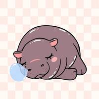 cute grumpy baby pygmy hippo sleeping moo deng cartoon character vector