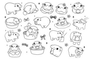 Cute Grumpy Baby Pygmy Hippo Playful Bouncy Pig outline bold lined Cartoon Hand Drawn Doodle collection vector