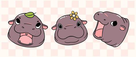 cute grumpy baby pygmy hippo moo deng face banner cartoon character collection vector