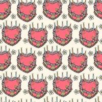 Seamless pattern Groovy Retro Vintage red heart Cake with candles hand drawn doodle isolated on background vector