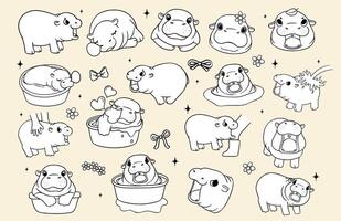 Cute Grumpy Baby Pygmy Hippo Playful Bouncy Pig coloring image Cartoon Hand Drawn Doodle colouring page Sheet vector