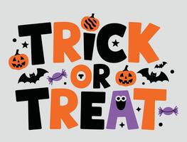 Trick or treat text with pumpkins and bats vector