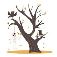 Halloween spooky tree concept with hanged skeleton and crows. vector