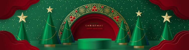 3d Podium round stage style, for Merry Christmas and happy new year on green color background vector