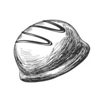 Marshmallow in chocolate. Sketch style chocolate candy isolated on white background. Engraving style black and white linear dessert. Truffle candy drawing with hatching vector