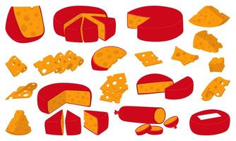 set of various triangular, round slices of yellow cheese with holes in red wax. flat illustration of cheeses in different positions, thick, thin section, isolated, collection pieces of dairy products vector