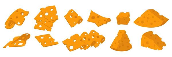 set of various triangular slices of yellow cheese with holes. A flat illustration of cheeses in different positions and slicing, isolated slices, a modern collection of pieces of dairy products vector