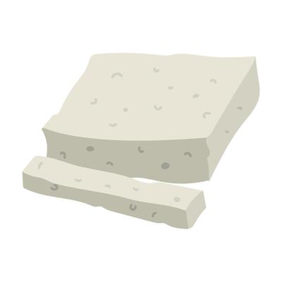 flat piece of rectangular feta cheese is sliced, highlighted on white. A whole piece of pressed dairy product with sliced long slices. White Greek curd cheese made from sheep's milk, beans