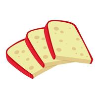 A group of sliced pieces of gouda cheese in a flat style with realistic motifs, Cheese in a red wax shell. Isolated sliced strips of illustration. Cheese with pores, sliced for consumption vector