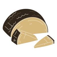 Hard cheese parmesan or pecorino half a circle with triangular pieces conveniently sliced, illustration highlighted on a white background. Group is isolated for the menu of dairy products cafes vector