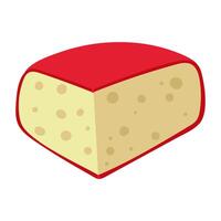 A piece of gouda cheese in a flat style with realistic motifs, Cheese in a red wax shell. An isolated triangular piece of illustration. Cheese with pores. A porous piece of light cheese vector