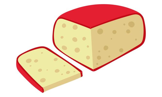 A piece of gouda cheese with a thin slice in a flat style with realistic motifs, Cheese in a red wax package. Insulated triangular piece with slicing on white for a taste test illustration