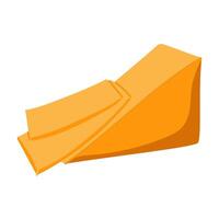 illustration of a piece of cheddar cheese with thinly sliced pieces. orange triangular piece hard cheese on the side with thin slices sliced in flat realistic style. Thinly sliced dairy product snacks vector