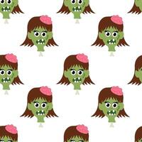 Seamless pattern with Zombie girl head on bone and brain. Halloween Flat illustration. vector