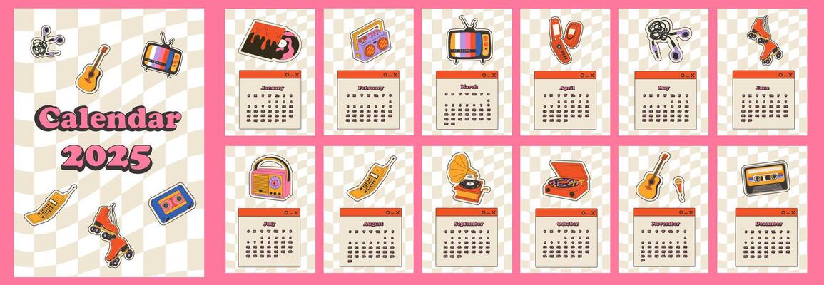 2025 calendar with Retro stickers design. Calendar planner minimal style, annual organizer