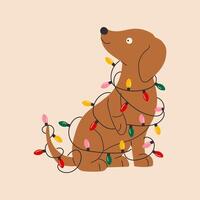 A cute dog wrapped in a Christmas garland. Merry Christmas vector