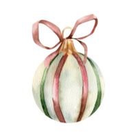 Round Christmas decoration element with red bow watercolor illustration. Hand drawn new year hanging ball with colorful stripes, retro stle for packing, gift, card design png