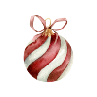 Red and white striped Christmas tree ball with vintage red bow watercolor illustration. Isolated element, new year hanging decoration for greeting card, party invitation, packing design png