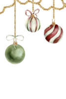 Christmas greeting card template with traditional garland with decorative colorful balls and beads watercolor illustration. Hand drawn new year banner with pine tree toys for poste,label design png