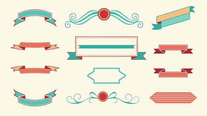 Ribbon Elements set. Starburst label. Vintage. Modern flat ribbons collection. Colorful Ribbon Banners illustration.