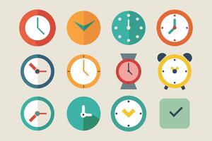 Assorted Clock Icons Including Wristwatch Pocket Watch Stopwatch Alarm Clock and Wall Clock in a Vibrant Design vector