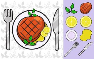 a cartoon image of a steak, lemon and fork vector