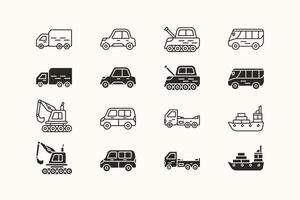 Modern transportation and vehicle icon set design with outline stroke and solid color variation vector
