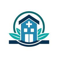 A hospital building with a plus on it and leaves vector