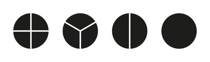 Circle division on 1, 2, 3, 4 equal parts. Wheel round divided diagrams with one, two, three, four segments. Infographic set. Coaching blank. Pie chart simple icons. vector