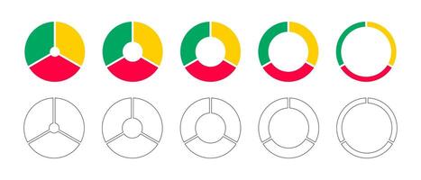 Donut charts, pies segmented on 3 equal parts. Wheels divided in three sections. Diagrams infographic multicolored set. Circle section graph. Pizza, pie chart icon. Round loading bar. vector
