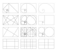 Golden ratio frames, rectangles. Method golden section templates. Fibonacci array, numbers. Collection of harmony proportions grids. Outline graphic illustration. vector