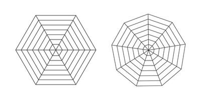 Hexagon and enneagon radar, spider diagram templates. Spider mesh. Polygon graphs. Diagram for statistic and analytic. Blank radar charts. Coaching tool. Grid black with segments. vector