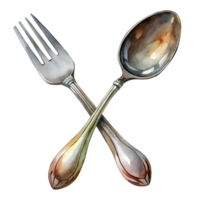 Watercolor hand drawn Spoon and fork isolate on transparency background png
