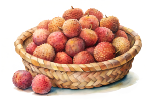 Watercolor hand drawn Lots of lychee in a basket isolate on transparency background png